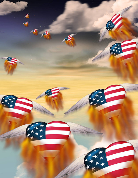アメリカの国旗の色が空に飛ぶ炎のような心の翼 - 写真・画像