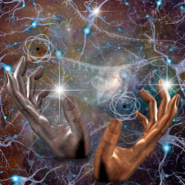 Surreal painting. Hands of prayer. Universe. - Photo, Image