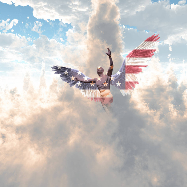 Surréalisme. Homme nu avec des ailes aux couleurs nationales américaines vole dans le ciel nuageux. rendu 3D
. - Photo, image