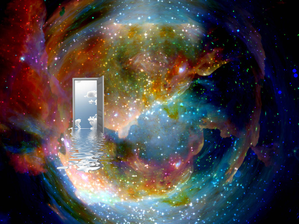 Tür auf in eine andere Welt in buntem Universum - Foto, Bild