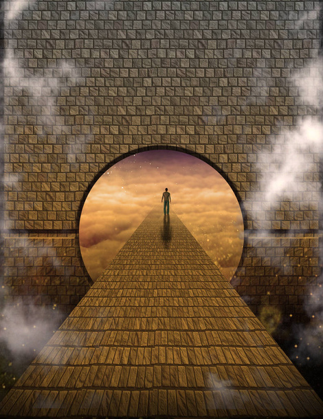 Pintura surrealista. Figura del hombre caminando por el camino de piedra hacia otro mundo
. - Foto, Imagen
