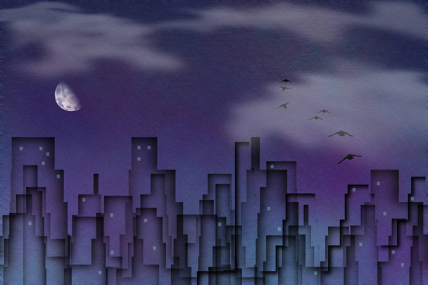 Ptáci létají nad noční město. Měsíc v zatažené obloze - Fotografie, Obrázek