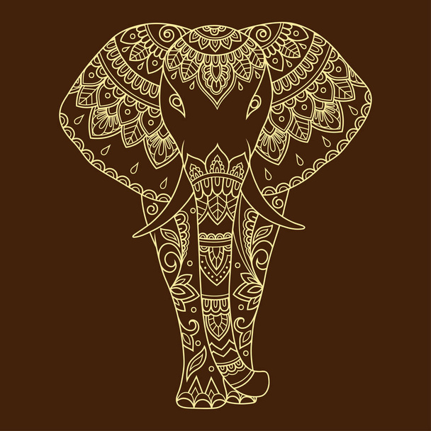 African elephant decorated with Indian ethnic floral vintage pattern. Hand drawn decorative animal in doodle style. Stylized mehndi ornament for tattoo, print, cover, book and coloring page. - Vettoriali, immagini