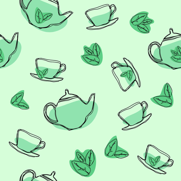 Vector seamless pattern with green tea leaf, teapots and cups. Hand drawing vintage texture.  - Vector, afbeelding