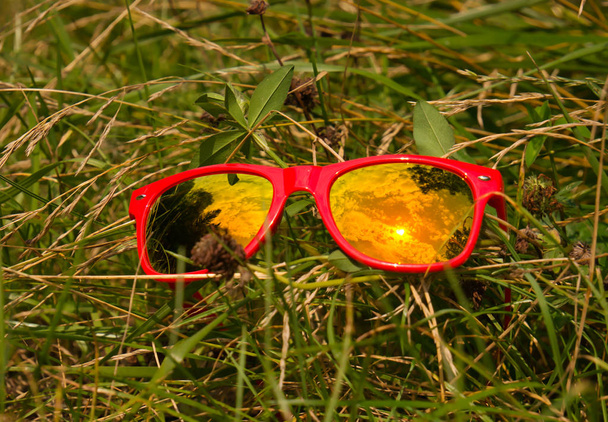 Wolken en zon reflectie in glazen van de zonnebril met rode kunststof frame op een weiland in het gras - Foto, afbeelding
