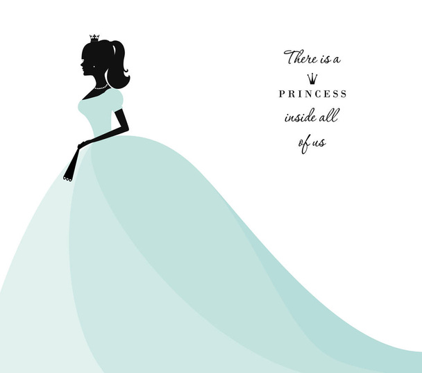 Gyönyörű hercegnő silhouette pasztell kék ruha. Elszigetelt fehér. Alkalmas menyasszonyi zuhany meghívást. Vektor. - Vektor, kép