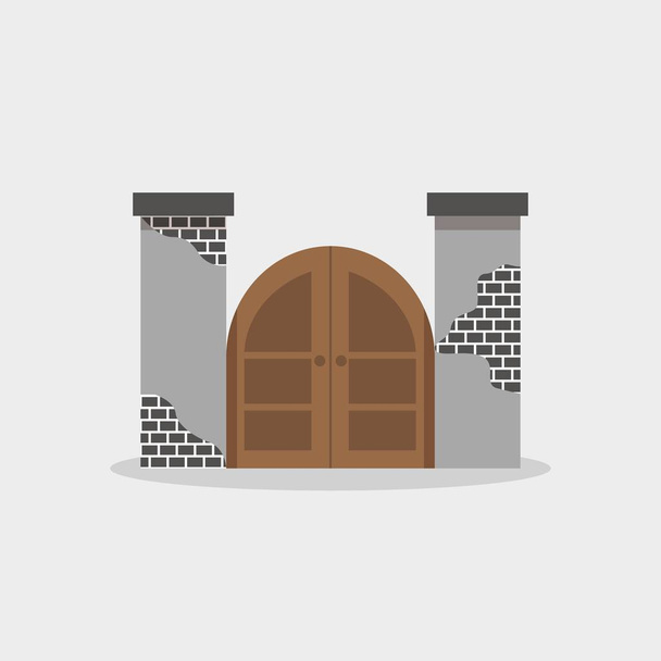Vektorové ilustrace klenuté středověké dřevěné dveře v kamenné zdi. Konstrukce brány s kameny - Vektor, obrázek
