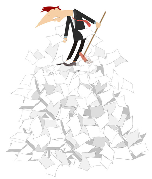 Cartoon man tidying up papers illustration isolated. Cartoon man holds a broom and stays on a big pile of papers concept isolated on white illustration  - Vettoriali, immagini