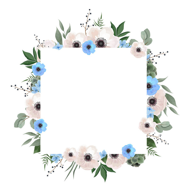 Floral wreath with green eucalyptus leaves and flowers. Frame border with copy space - Vektor, kép