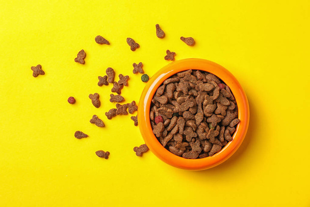 Bowl with food for cat or dog on color background. Pet care - Foto, Imagem