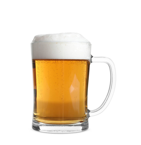 Glass mug with cold tasty beer on white background - Photo, image