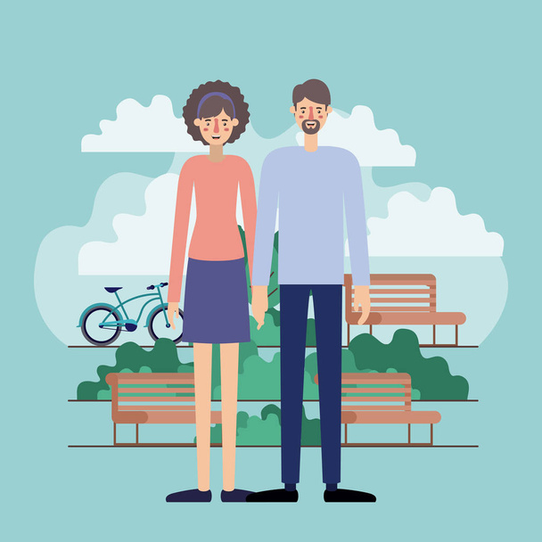 молодая пара в парке с велосипедами
 - Вектор,изображение