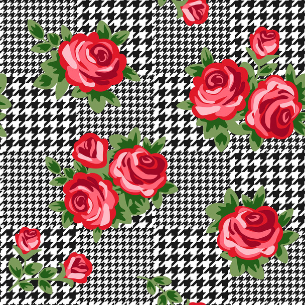 vector houndstooth seamless black and white pattern with red retro roses - Vettoriali, immagini