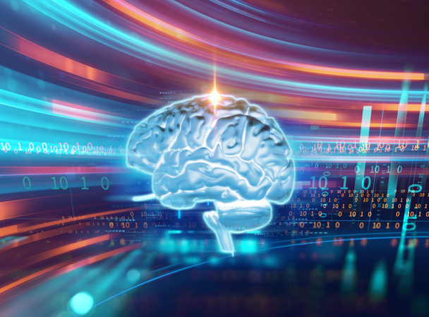 3d renderização do cérebro humano no fundo de tecnologia representam inteligência artificial e conceito de espaço cibernético
 - Foto, Imagem