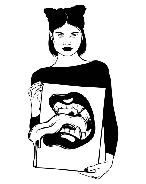 Vector hand drawn illustration of girl holding placard with mouth . Creative tattoo artwork . Template for card, poster. banner, print for t-shirt, pin, badge, patch. - Vecteur, image