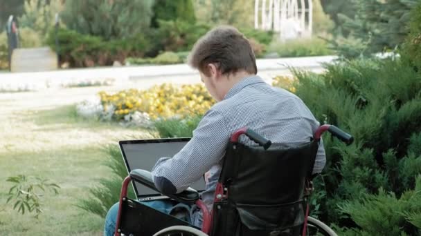 Ein behinderter Mann sitzt im Rollstuhl und arbeitet im Park an einem Laptop - Filmmaterial, Video