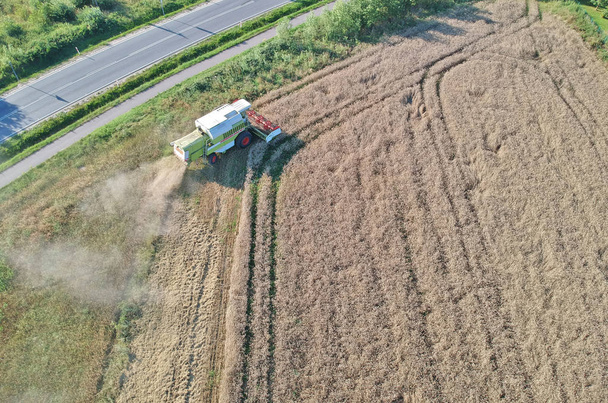 Комбайн сбора зерна на пшеничном поле, воздушный вид на урожай
. - Фото, изображение