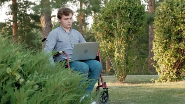 A disabled man is sitting in a wheelchair and working on a laptop in the park - Séquence, vidéo