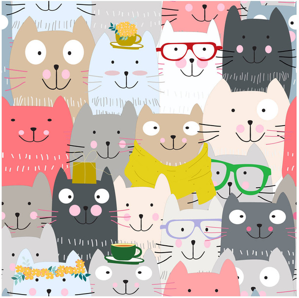 Cute gevierd grappige kat cartoon naadloze patroon - Vector, afbeelding