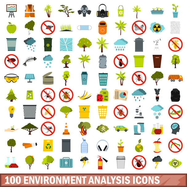 100 環境解析アイコン セット、フラット スタイル - ベクター画像