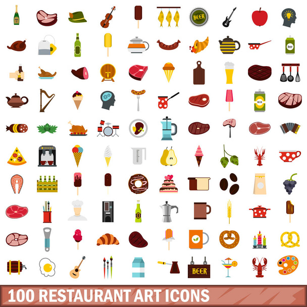 100 restaurant kunst iconen instellen, vlakke stijl - Vector, afbeelding