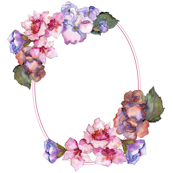 Garderie rose et violette. Fleur botanique florale. Cadre bordure ornement carré
. - Photo, image