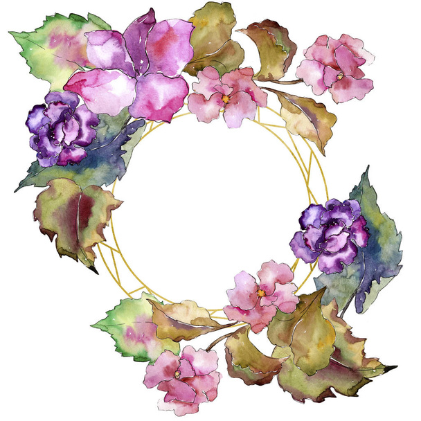 Gardania ροζ και μοβ. Floral βοτανικό λουλούδι. Πλαίσιο συνόρων στολίδι τετράγωνο. - Φωτογραφία, εικόνα