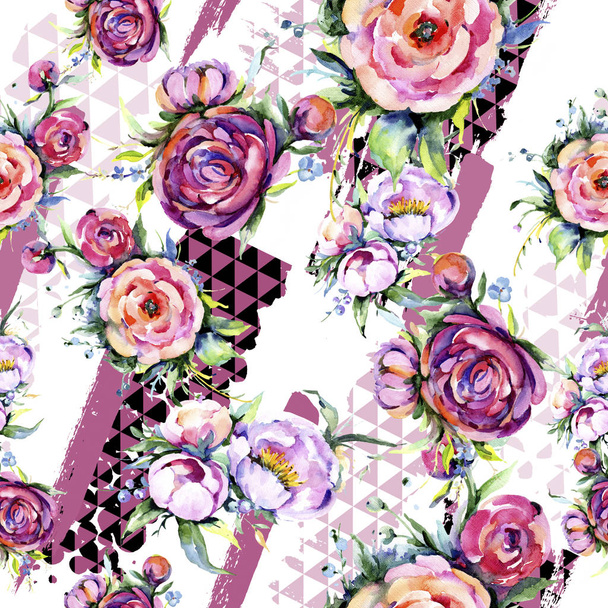 Watercolor bouquet pink peony flowes. Floral botanical flower.Seamless background pattern. - Photo, Image