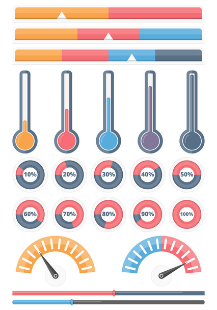Set of different indicators - horizontal indicators, progrss bars, thermometers, round progress indicators, infographic elements for your projects, vector eps10 illustration - Vector, afbeelding