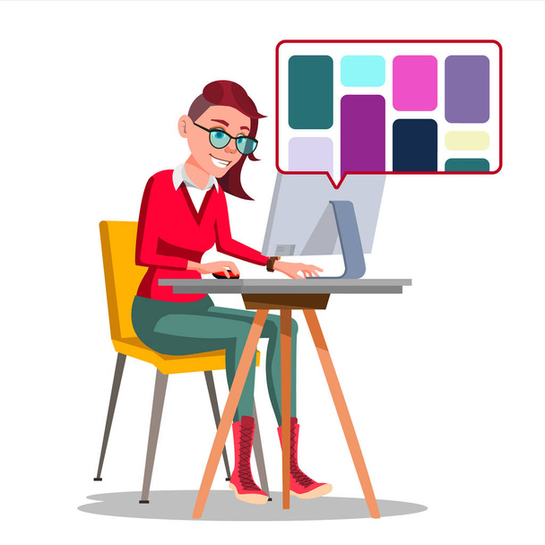Graphic Designer Working Vector. Woman Searching For References On Popular Creative Web Site. Freelance Concept. Isolated Illustration - Vector, Image