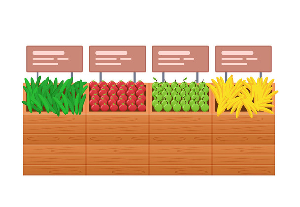 Boxes with goods, products in form of vegetables and fruits. - Vector, imagen