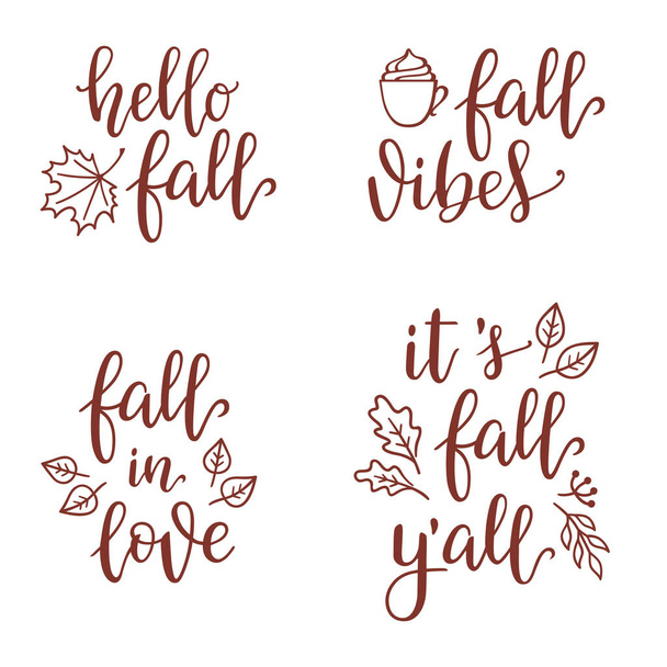 Inspirational Fall calligraphy set with design elements. Hello, vibes, in love, It s fall y all - Vektor, Bild