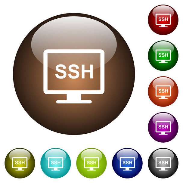 SSH terminal iconos blancos en botones de vidrio de color redondo
 - Vector, imagen