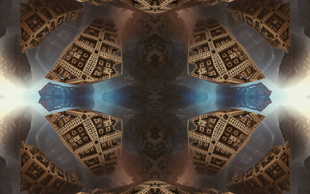 Epic abstracto fantástico cartel o fondo. Vista futurista desde el interior del fractal. Patrón en forma de flechas
. - Foto, imagen