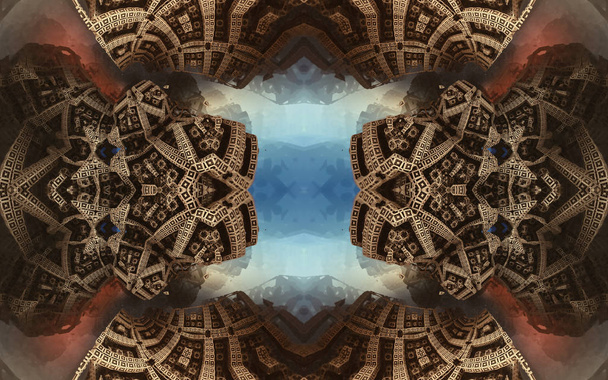 Epic abstracto fantástico cartel o fondo. Vista futurista desde el interior del fractal. Patrón en forma de flechas
. - Foto, imagen