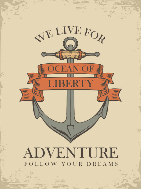 Vektor-Banner mit Schiffsanker und Bändern mit Worten Ozean der Freiheit. Illustration zum Thema Reise, Abenteuer und Entdeckung auf altem Papierhintergrund im Retro-Stil - Vektor, Bild