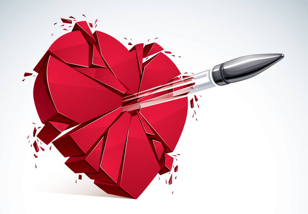 Heart broken with bullet gun shot, 3D realistic vector illustration of heart symbol exploding to pieces. Creative idea of breaking apart love, break up. - Вектор,изображение