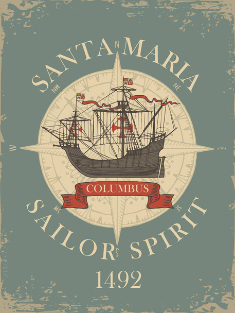 Bandera retro sobre el tema de viajes, aventuras y descubrimientos con velero vintage de Cristóbal Colón, brújula náutica y rosa de viento sobre el fondo de papel viejo
 - Vector, imagen