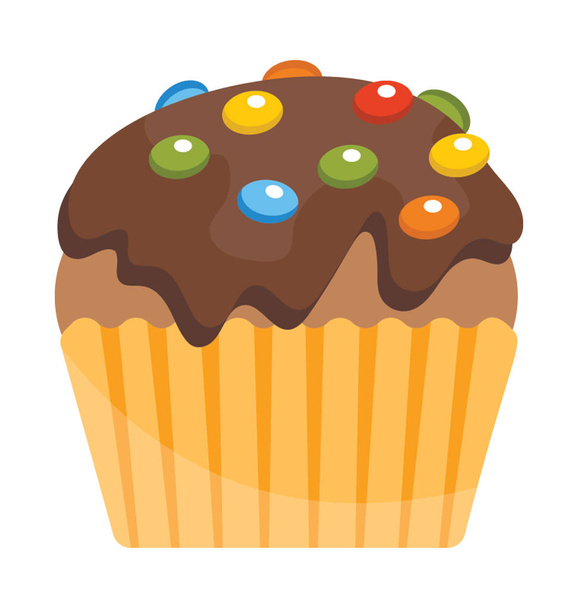 Brown cream and chocolate cupcake having lots of colorful toppings depicting confetti cupcake  - Vektor, kép