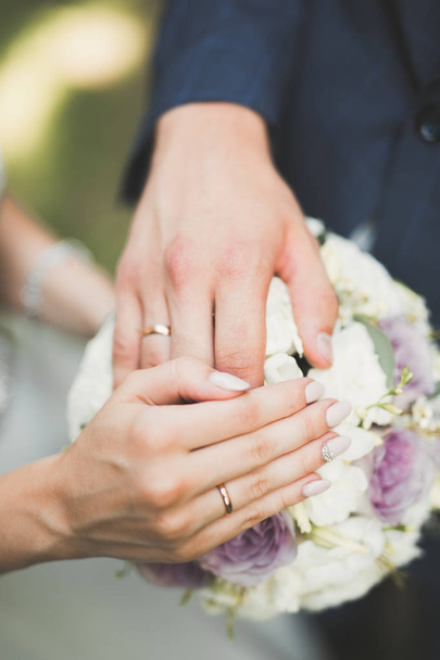Wedding couple bride and groom holding hands - Фото, изображение