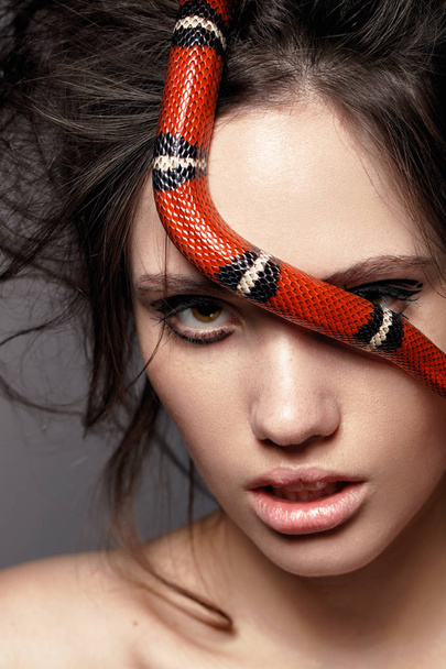Girl with perfect skin, brunette hair with red snake by her face - Fotografie, Obrázek