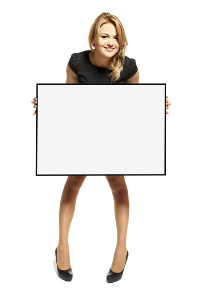 Attractive Woman Holding Up a Poster - Isolated - Zdjęcie, obraz