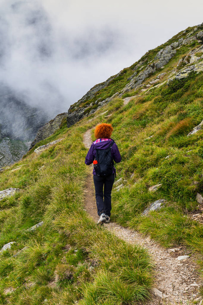 Caucasian woman hiker with backpack walking a trail in rocky mountains - Foto, Bild