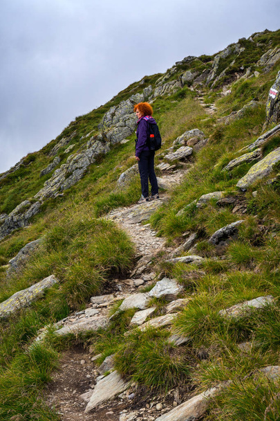 Caucasian woman hiker with backpack walking a trail in rocky mountains - Zdjęcie, obraz