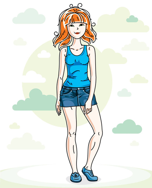 Beautiful young red-haired woman standing on background with blue heavens clouds and wearing fashionable casual clothes. Vector human illustration.  - ベクター画像
