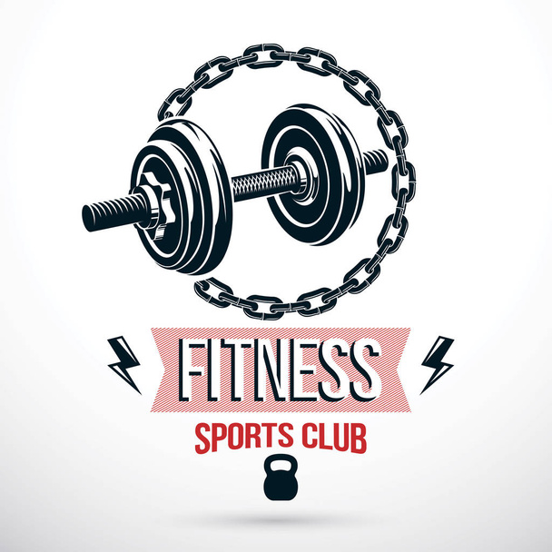 Bodybuilding und Fitness Sport Vektor Emblem Vorlage erstellt mit Hantel Sportgeräte und Eisenkette, Symbol der Stärke. - Vektor, Bild