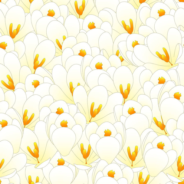 White Crocus Flower Seamless Background. Vector Illustration. - Vector, imagen