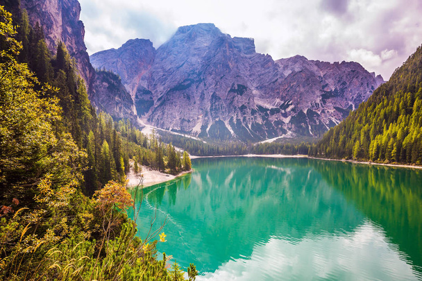 A extensão verde da água reflete as montanhas e florestas circundantes. Magnífico lago Lago di Braies. Sul do Tirol, Itália
.  - Foto, Imagem