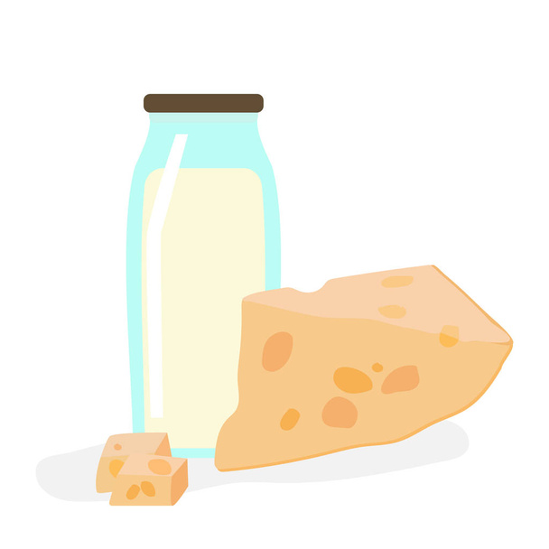 Rajzfilm képe bootle, a tej és a kemény sajt. Élelmiszer-lapos stílusú vektoros illusztráció. - Vektor, kép