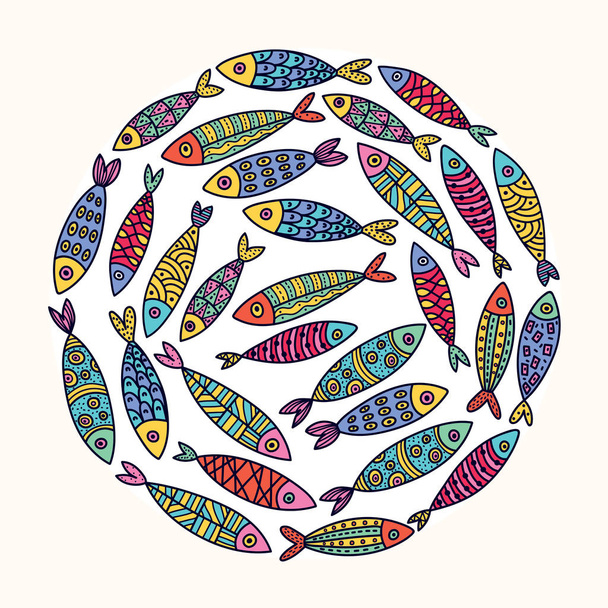 Cute postcard with decorative fish. Around motif. - Вектор, зображення